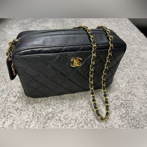Vintage Chanel Black Quilted Caviar Front Pocket CC Camera Bag Gold 1995